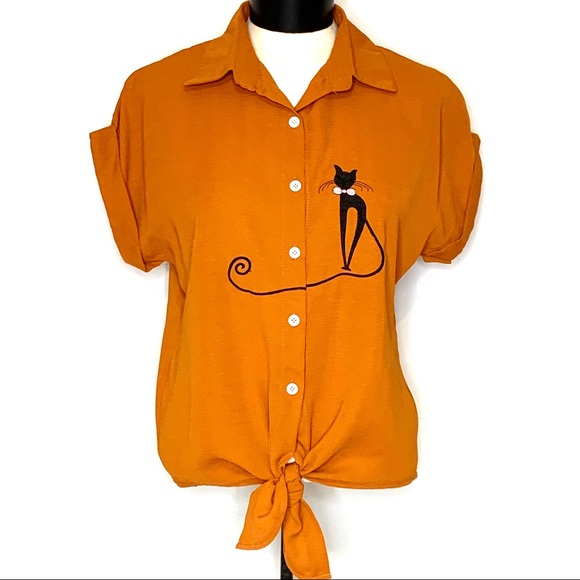 INSPOP Tops - NWT Inspop Cat Embroidered Waist Tie Button Up